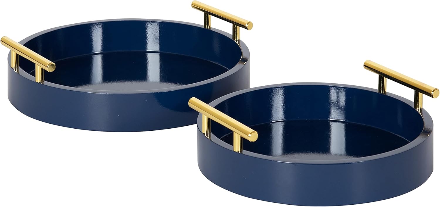 Kate and Laurel Lipton Round Tray Set, 2 Piece, Navy Blue/Gold, 2 Pack of 2