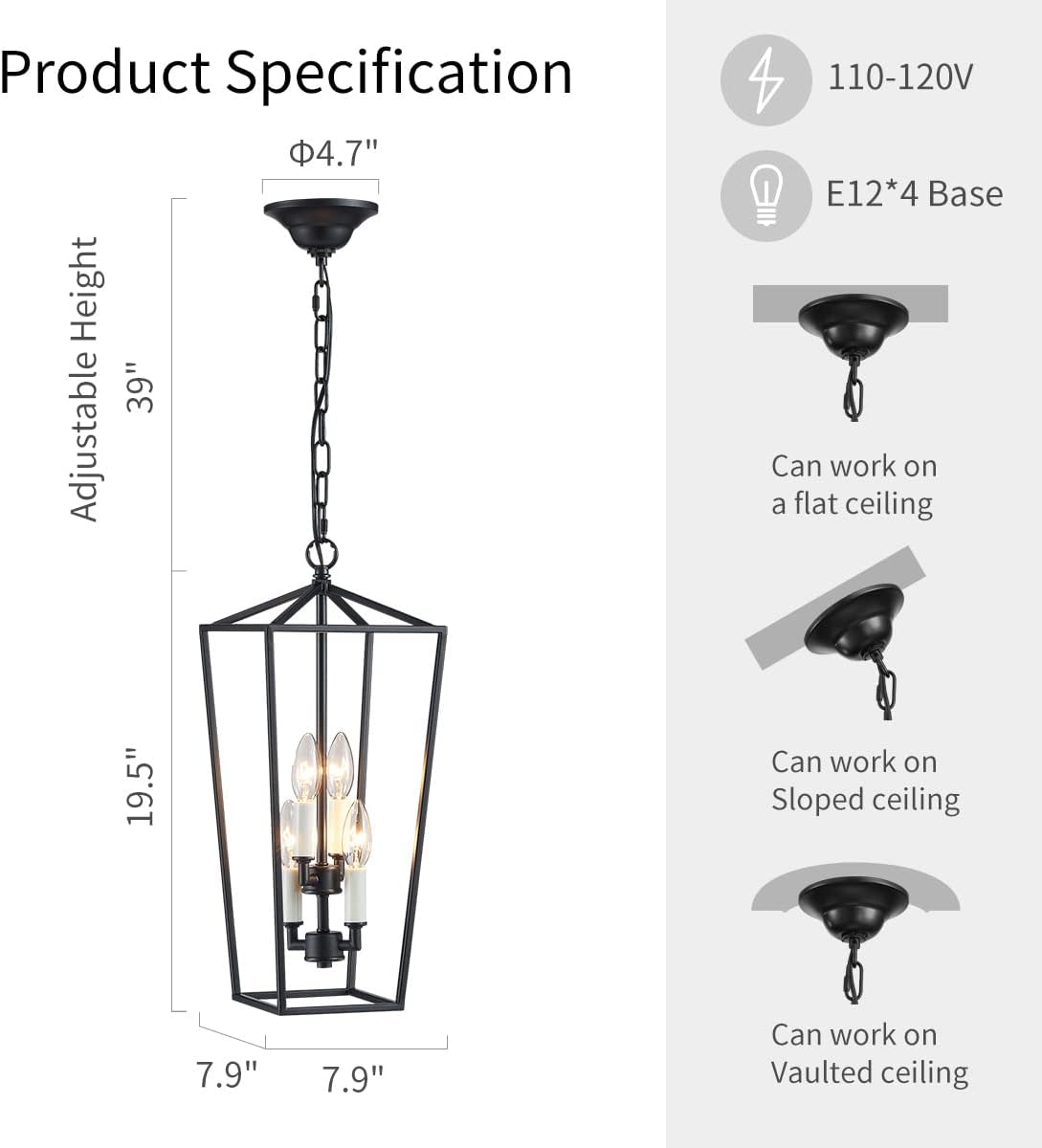 WUZUPS Candle Industrial Vintage Lantern Chandelier 4-Light Pendant Iron Cage Ceiling Light Lighting Fixture for Foyer Hallway Kitchen Dinning Living Room, Black, E12 Base, 7.9