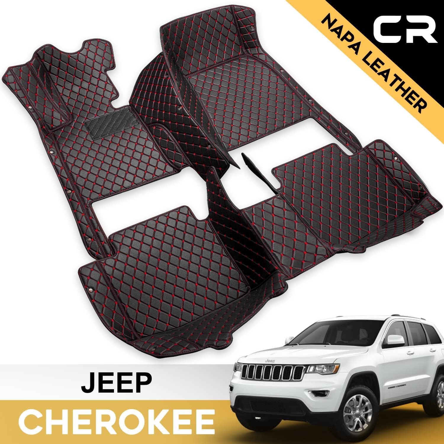 Castlerock Leather Car Floor Mats for Jeep Grand Cherokee/Dodge Durango, Not Fits for Grand Cherokee L, 2016 2017 2018 2019 2020 2021 2022 Custom Fit (1st & 2nd Row Black)