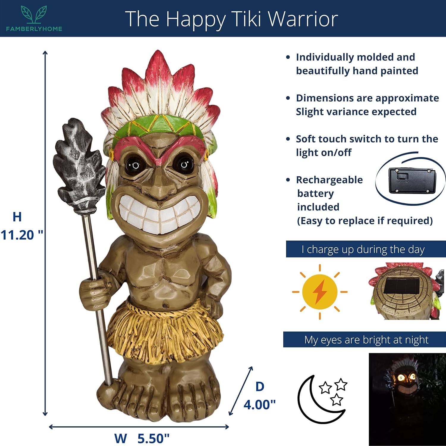 Tiki Solar Light Statue D&eacute;cor : Outdoor Happy Tiki Warrior with Solar Powered LED Eyes, Ideal Gift for Tiki bar or Pool bar. Handpainted Resin Statue with Replaceable Rechargeable Battery