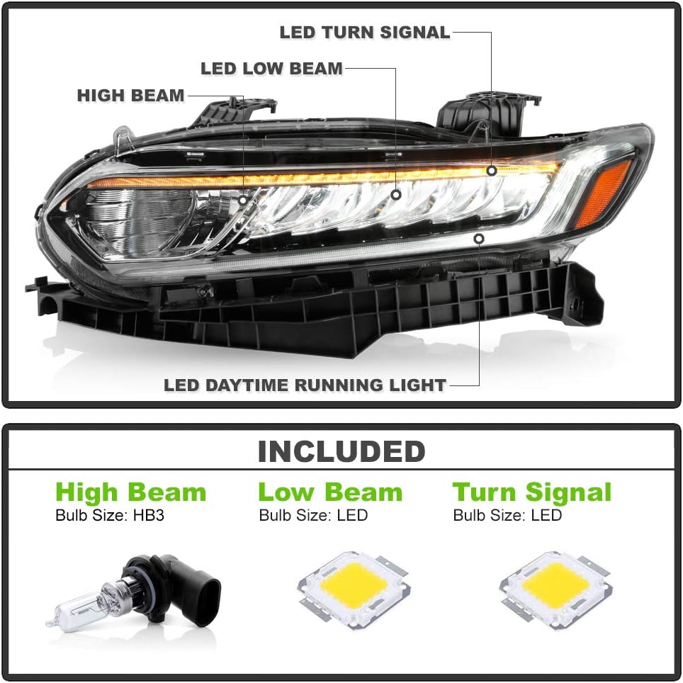 ACANII - For [Halogen High Beam] 2018-2020 Honda Accord LED DRL Signal Projector Headlight Headlamp Assembly Left+Right