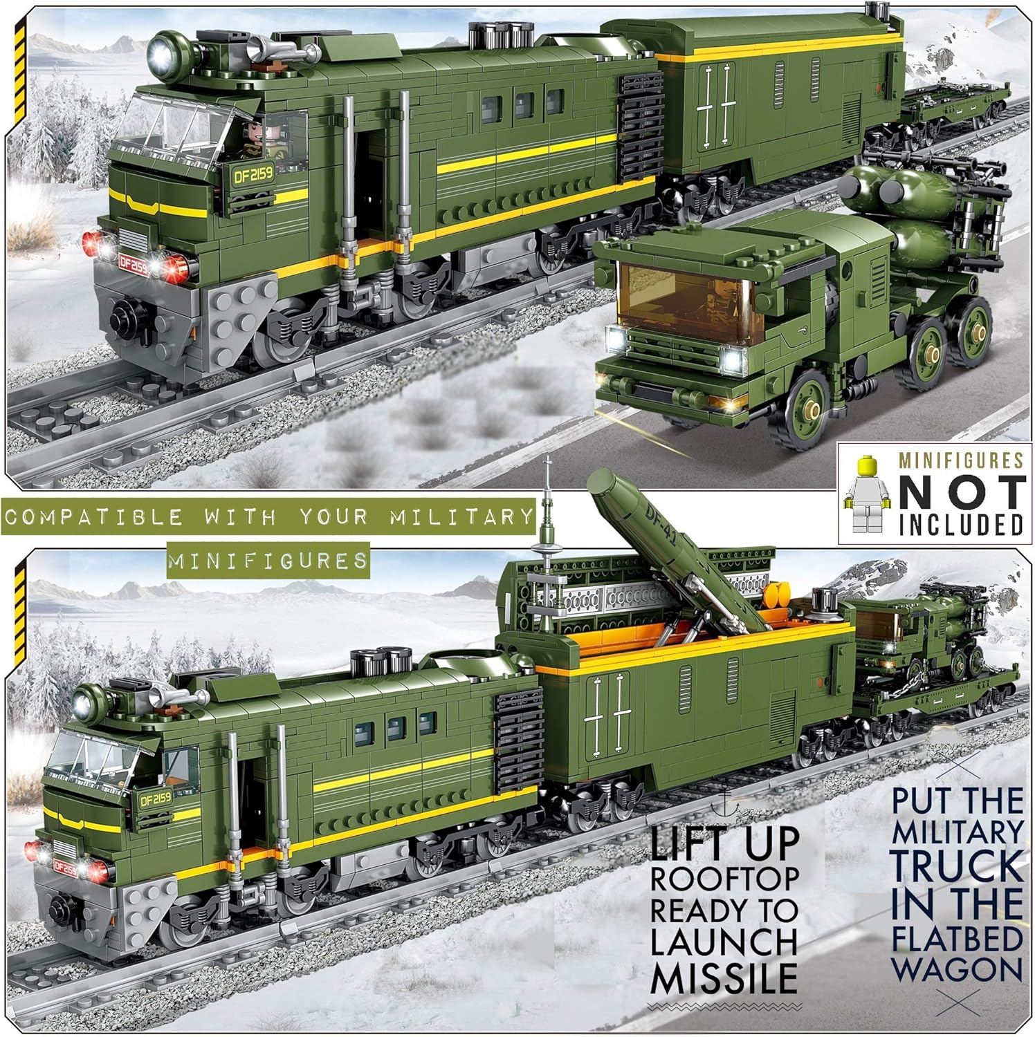 Quazi Motorized Military Missile Trains Set with Lights and Complete Tracks (Military Style 1174 Pieces)