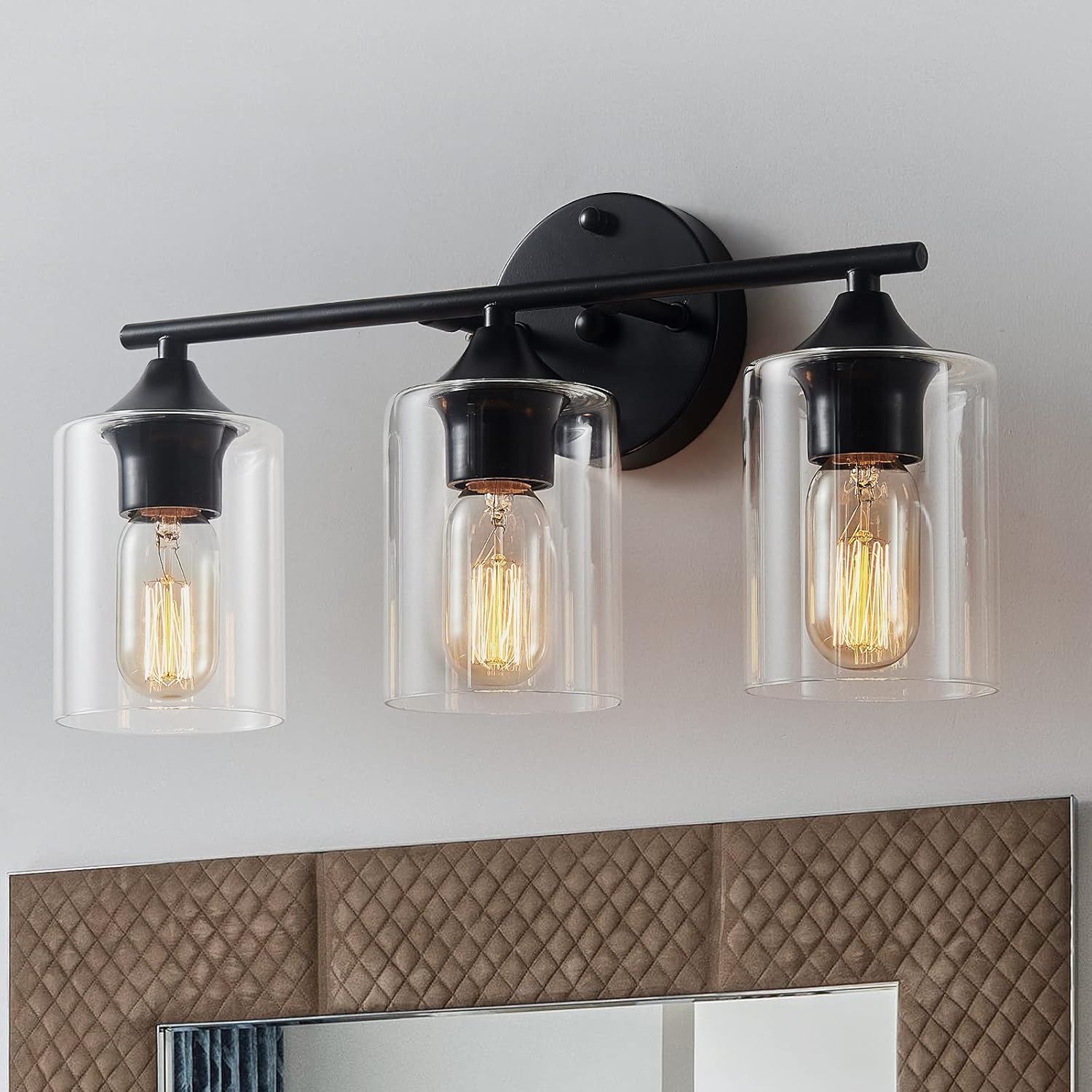 XPEHK 3-Light Vanity Light Fixtures,Bathroom Lighting Fixture Farmhouse Vanity Bar Lighting Matte Black Finish with Clear Glass Shade Wall Lamp for Mirror Kitchen Bedroom Living Room
