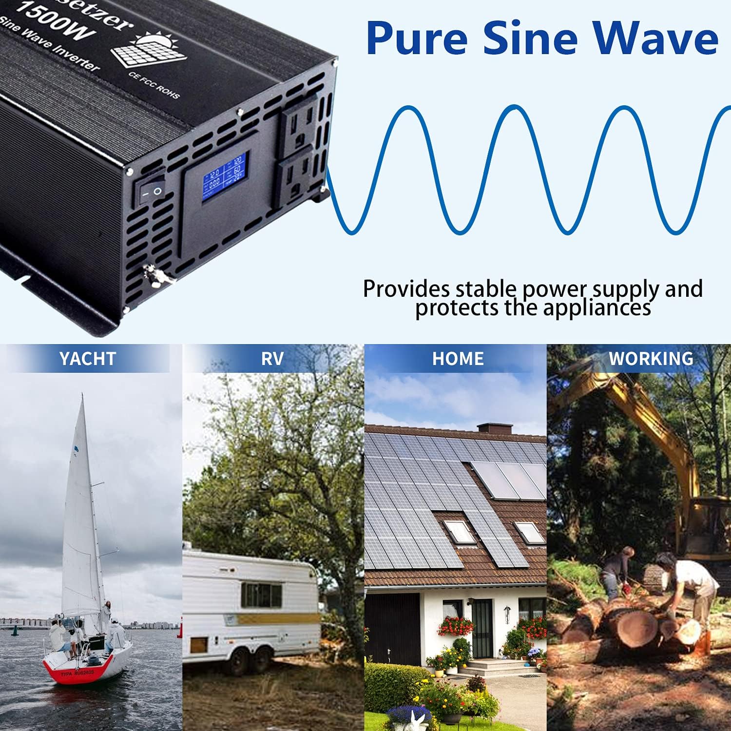 Cumsetzer 1500w 12v Pure Sine Wave Inverter Power Inverter dc to ac 110v 120v with Dual US Outlet, LCD Display and Grounding, for RV, Truck, Yacht, and Off Grid Solar System (1500w 12v)