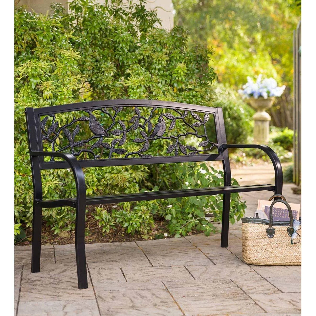 Cardinals Metal Outdoor Garden Bench, 50x22 L X 24x22 W X 34x22 H, Black