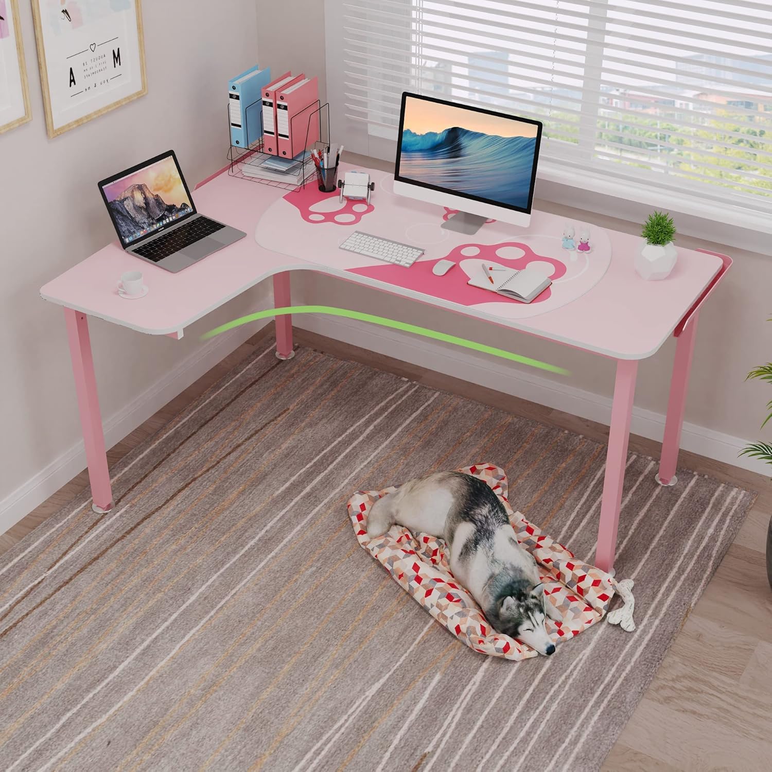 It's_Organized 61 Inch L Shaped Gaming Desk,Space-Saving Corner Desk with Cat Paw Mousepad,Modern PC Computer Study Writing Table for Girl,Easy to Assemble,Pink
