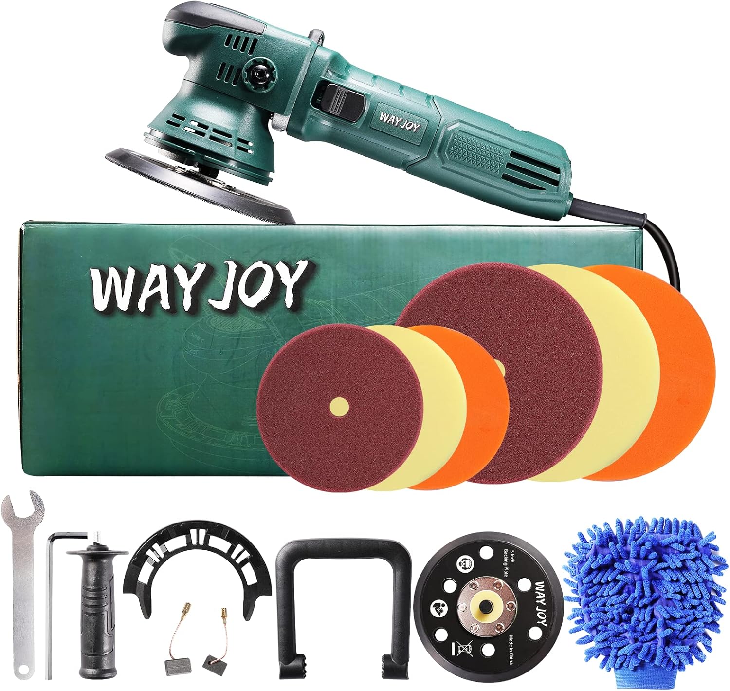 Polisher, Wayjoy 6 Inch/5 Inch Dual Action Random Orbital Car Buffer Polisher with D-Handle & Side Handle, 6-Level Variable Speed, 6 Foam pad for Car Polishing and Waxing