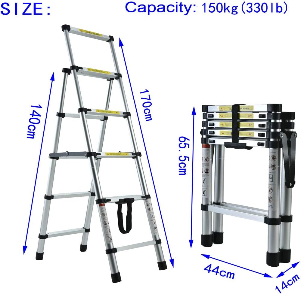 Household Ladder Telescopic Aluminum Extension 16 StepsLadder with Slip-Proof Feet 330lbs Max Capacity, EN131 Standard (4+5 Steps)