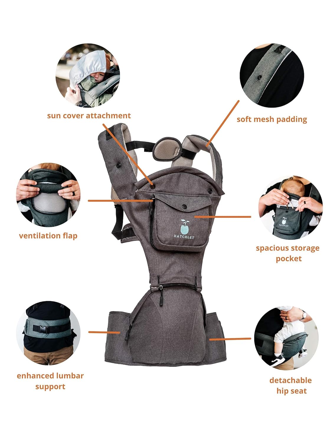 Hatchlet Caress Ergonomic Hip Seat 6-in-1 Baby Front Back Carrier for Newborn to Toddler 3-36 Month Babies - Advanced Lumbar Support, Infant Head Support, Soft & Breathable Fabric, Storage Pockets Pack of 2