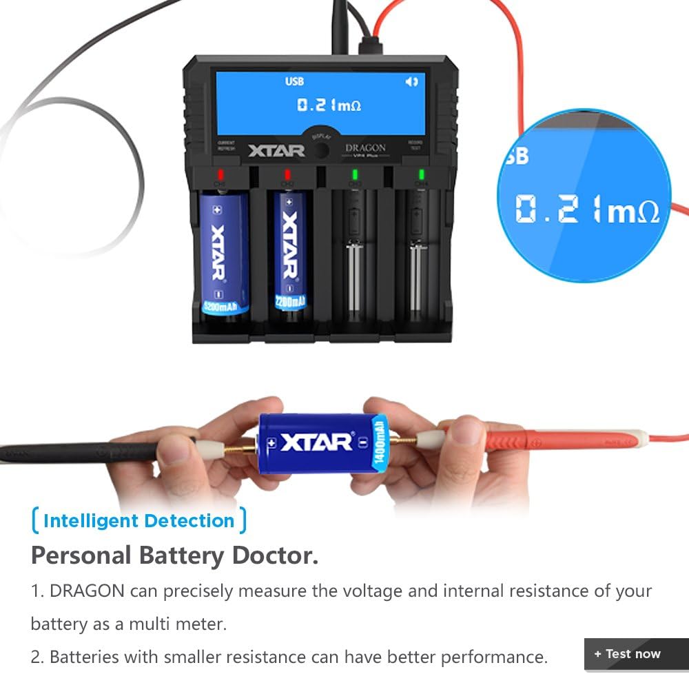 LCD Display Speedy Universal Battery Charger, XTAR DRAGON VP4 Plus Smart Charger with Probes Car Charger for Rechargeable Batteries Ni-MH Ni-Cd A AA AAA SC, Li-ion 18650 26650 26500 22650 18490 17670 Pack of 2