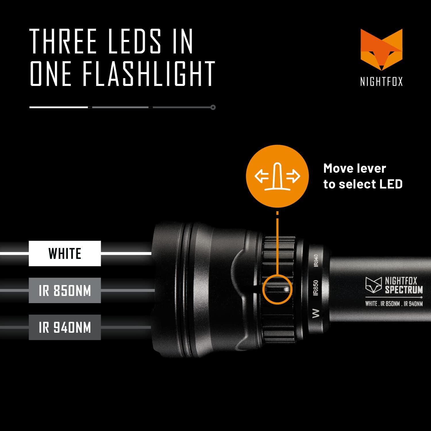 Nightfox Spectrum Triple LED Infrared Flashlight | IR Illuminator for Night Vision Devices | Three LEDs in One Flashlight | 5W 840nm and 940nm Covert Wavelengths | 13W OSRAM White Visible Light LED Pack of 2