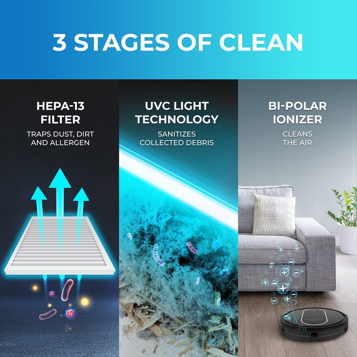 Kalorik HUVI Robot Vacuum &ndash; Cleans Multi-Surface Floors & Air, Disinfects & Sanitizes with Aroma Diffuser, Powerful Pet Hair Pickup, HEPA13 Filter for Allergy Relief, Smart Navi, WiFi, Alexa & Google