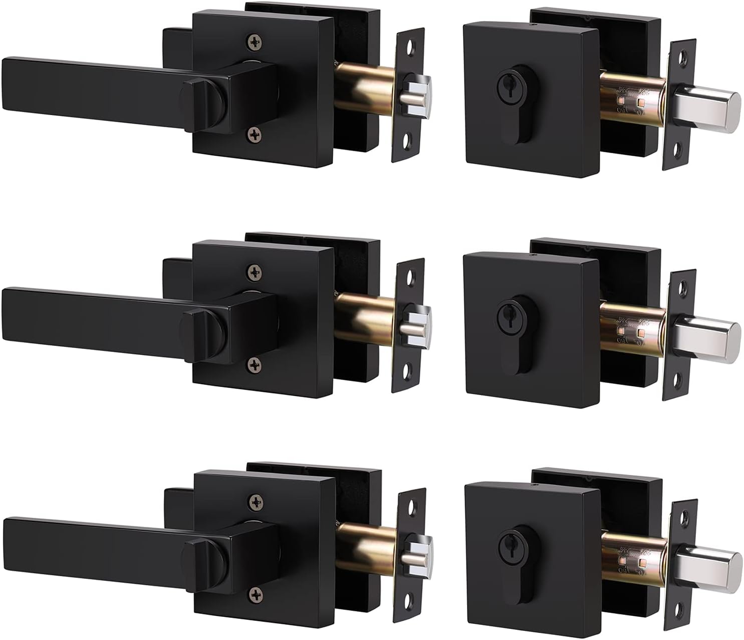 Front Door Keyed Entry Lever and Single Cylinder Deadbolt Combination Set, Matte Black Finish, Keyed Alike Exterior Entrance Lever, Heavy Duty Door Handle Set for Front/Back Gate Door, Pack of 4