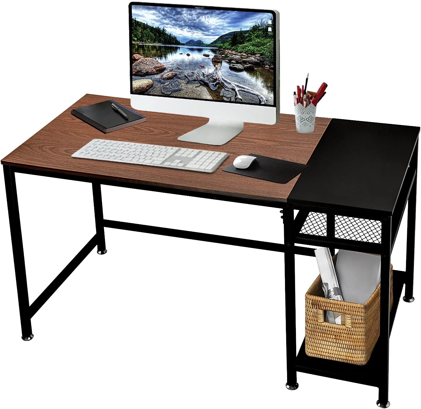 Home Office Computer Desk, 47 Inch Study Writing Desk with Storage Shelf, Modern Industrial Laptop Table with Spliced Boards, Premium Steel Sturdy Structure, for Study Work Game Play, Black&Walnut