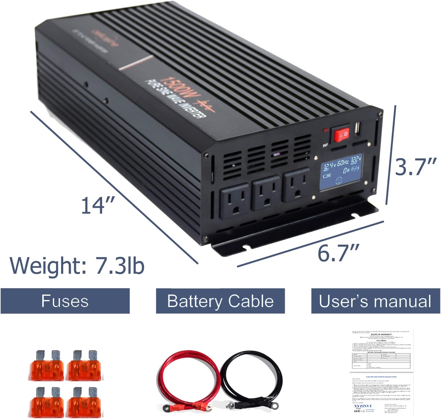 aeliussine 1500w Power Inverter Pure Sine Wave Inverter 12 Volt dc to ac 110v 120v Car Power Inverter for Off Grid Solar Power System (1500w12v LCD)