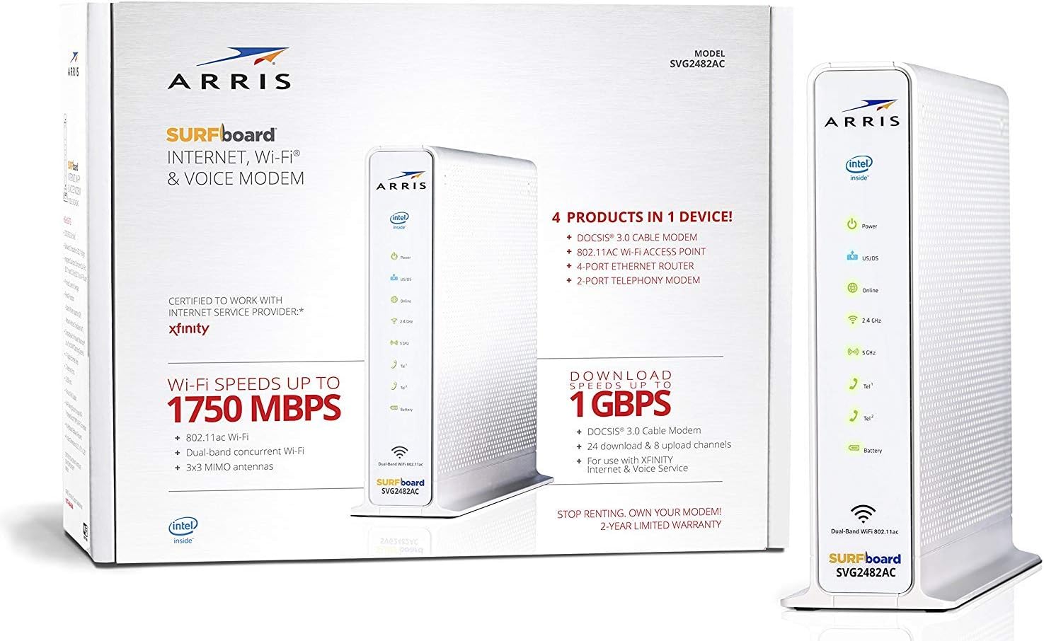 ARRIS SURFboard SVG2482AC DOCSIS 3.0 24x8 Cable Modem & AC1750 Wi-Fi Router | Certified for Xfinity Internet & Voice | Approved for Xfinity plans up to 800 Mbps