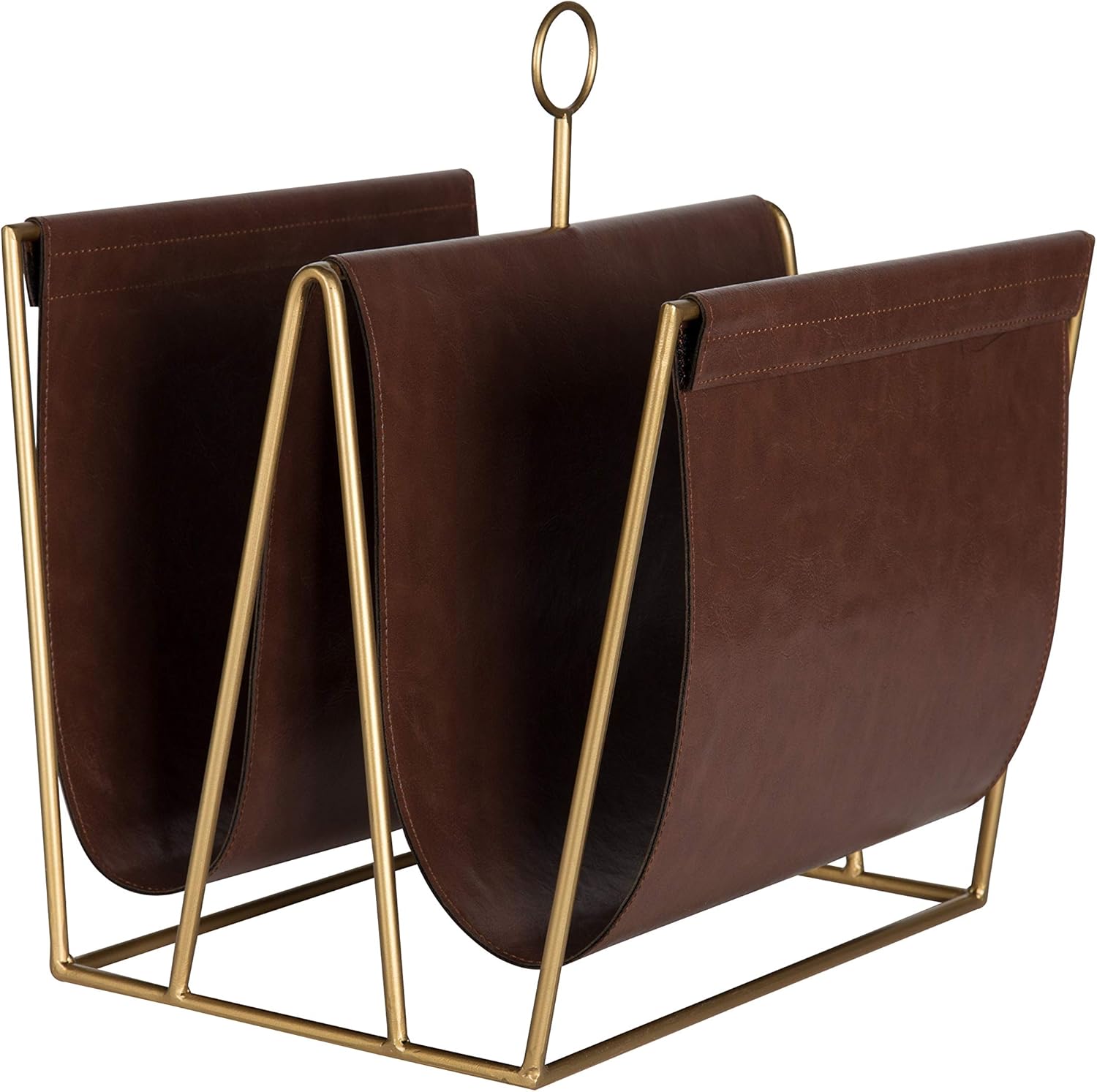 Kate and Laurel Alton Metal and Faux Leather Magazine File Holder, Brown and Gold Pack of 2