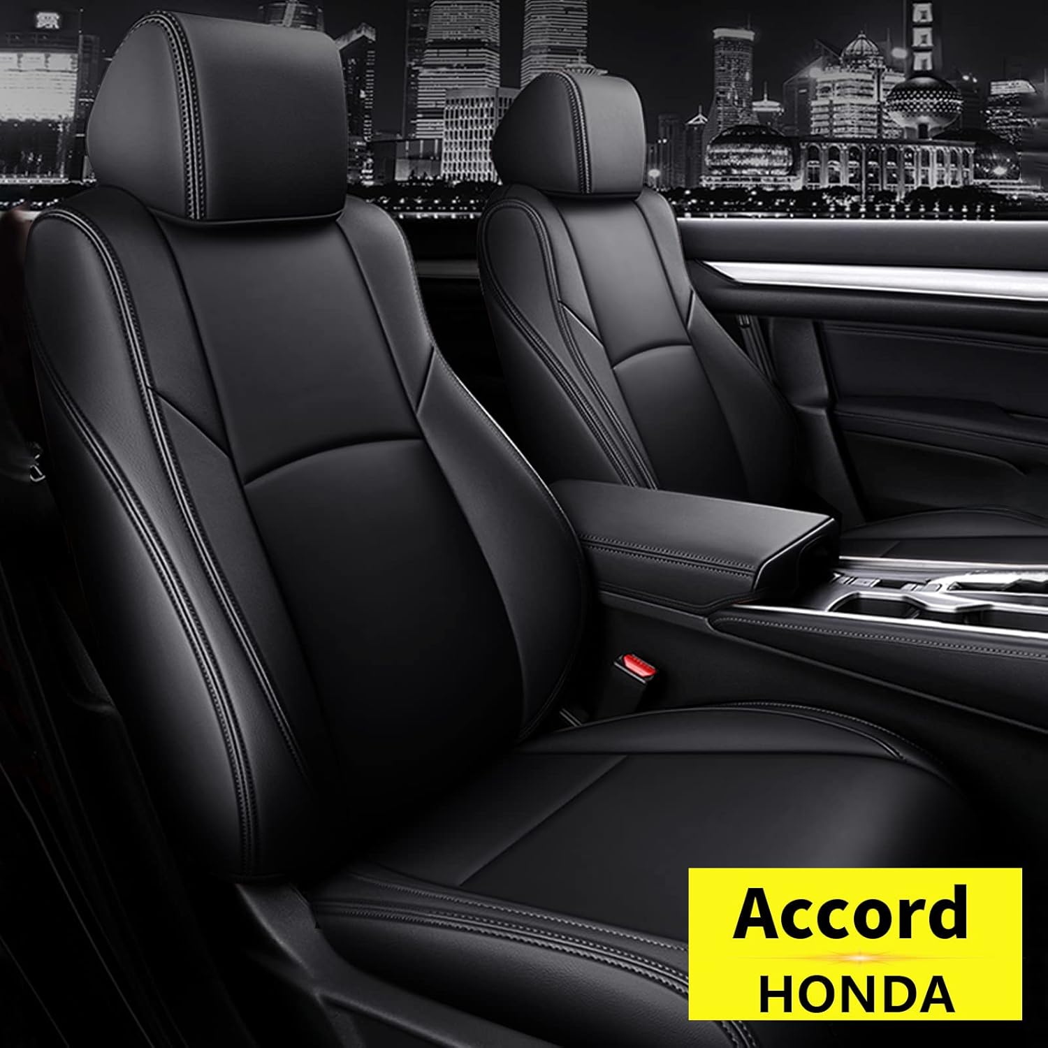 AOMSAZTO Custom Fit for Honda 2018 2019 2020 2021 2022 Accord Faux Leather Car Seat Covers Full Set Compatible Airbag Accord Seat Protector Black (Rear Headrest Conjoined)