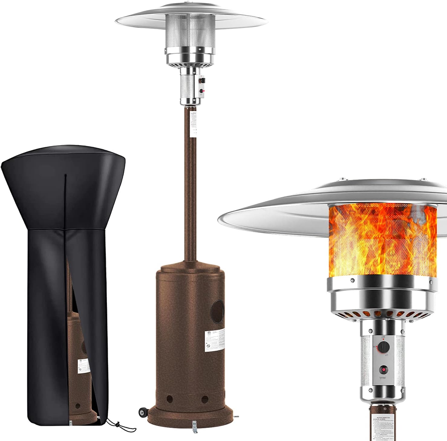 Patio Heater Propane with Cover - Outdoor Heaters For Patio Propane Heater Floor Standing with Wheels - Commercial Stainless Steel Gas Space Heaters for Outside Tent Camping, Porch, Pool and Garden(Bronze)