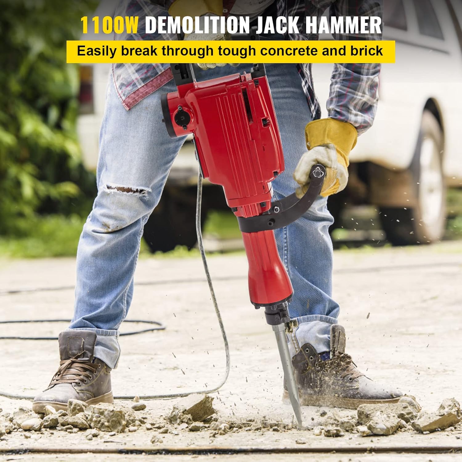 VEVOR Demolition Jack Hammer Jack Hammer Concrete Breaker 1200 BPM Heavy Duty Electric Jack Hammer 3 Chisel Bit W/Gloves & 360&deg; Swiveling Front Handle for Trenching, Chipping, Breaking Holes