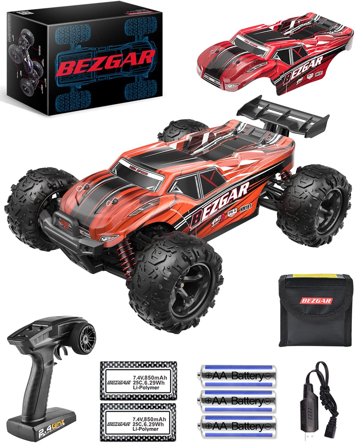 BEZGAR HM181 Hobby Grade 1:18 Scale Remote Control Monster Vehicle Trucks - 4WD Top Speed 35 Km/h All Terrains Off Road RC Truck, Waterproof RC Car with 2 Rechargeable Batteries for Kids and Adults Pack of 2
