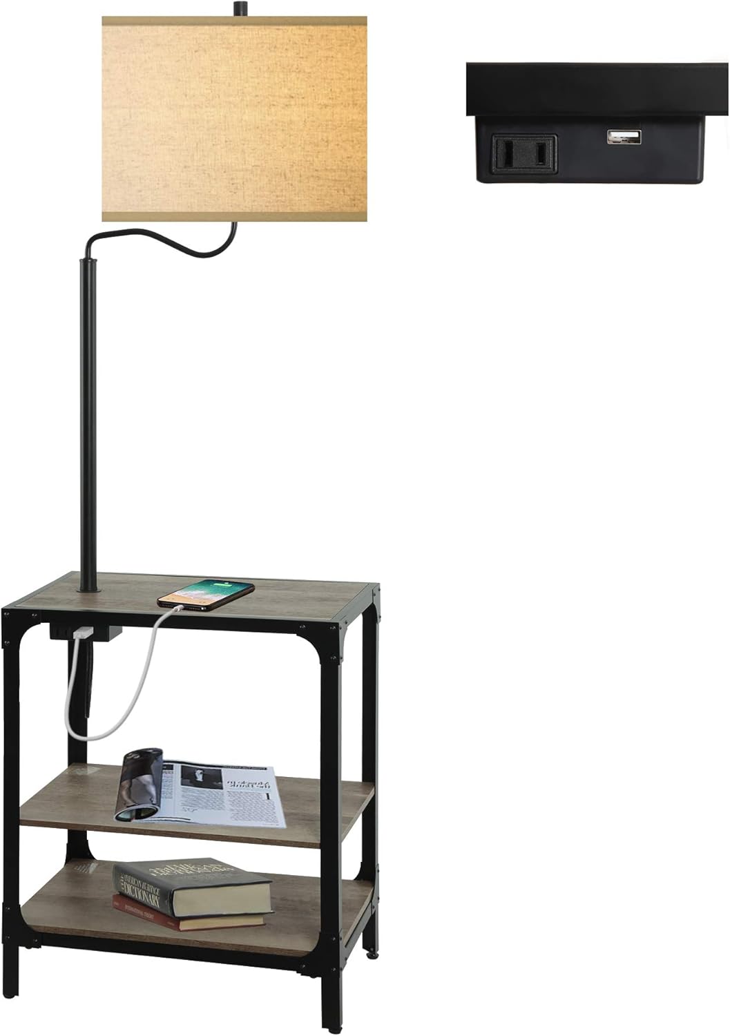 End Table lamp for Living Room ,Bedroom ,Guest Room ,Natural Wood Color ,Metal Table Floor lamp with USB Charing Port and AC Outlet,Modern Bedside Nightstand Lighting Bulb Included