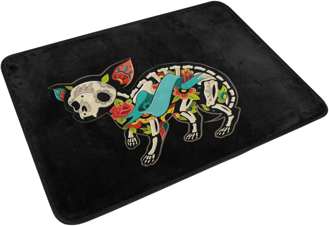 ALAZA Black Hipster Chihuahua Dog Sugar Skull Doormat Indoor Outdoor Entrance Floor Mat Bathroom 23.6 x 15.7 inch