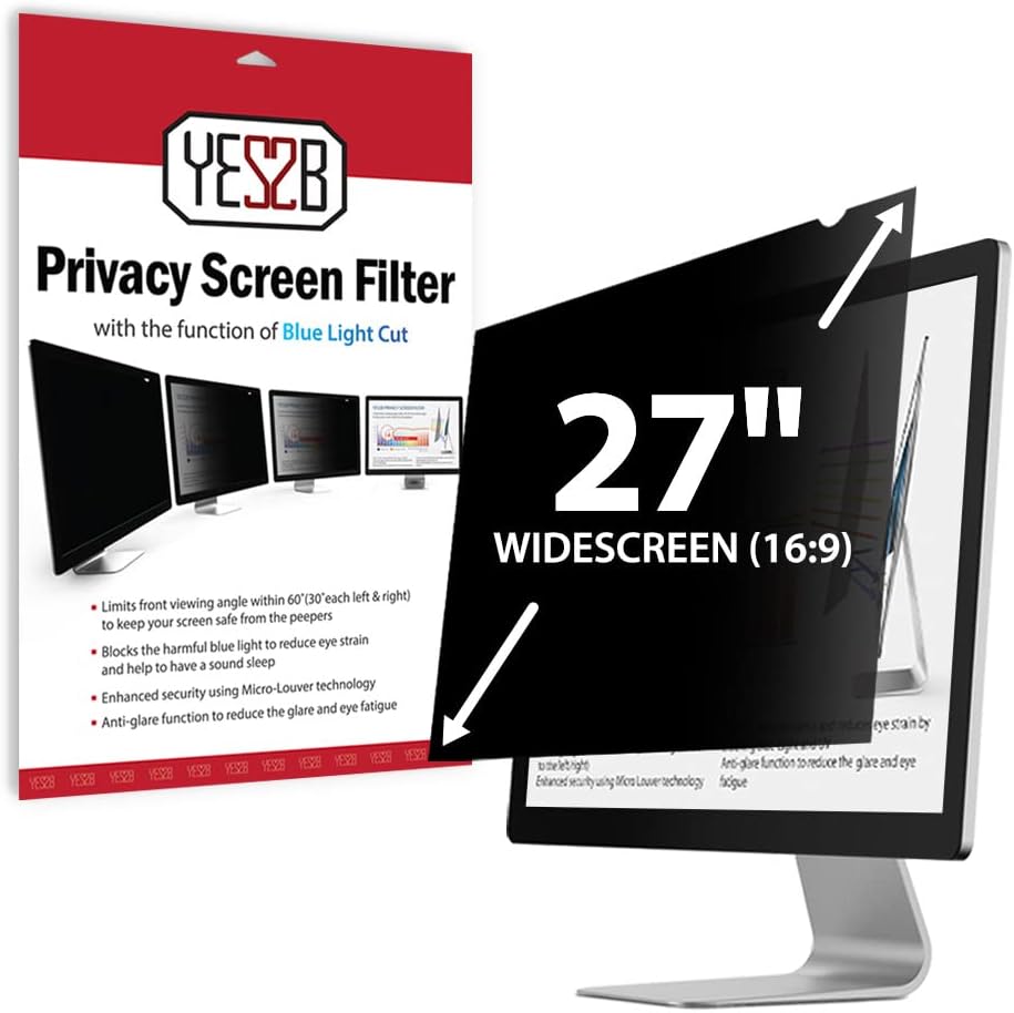 YES2B 27 Inch Monitor Privacy Screen Filter for 16:9 Widescreen Display - Computer, Monitor, Desktop PC, Anti Spy, Blue Light Blocking and Anti Glare Protector, Anti-Peeping Shield, Made in