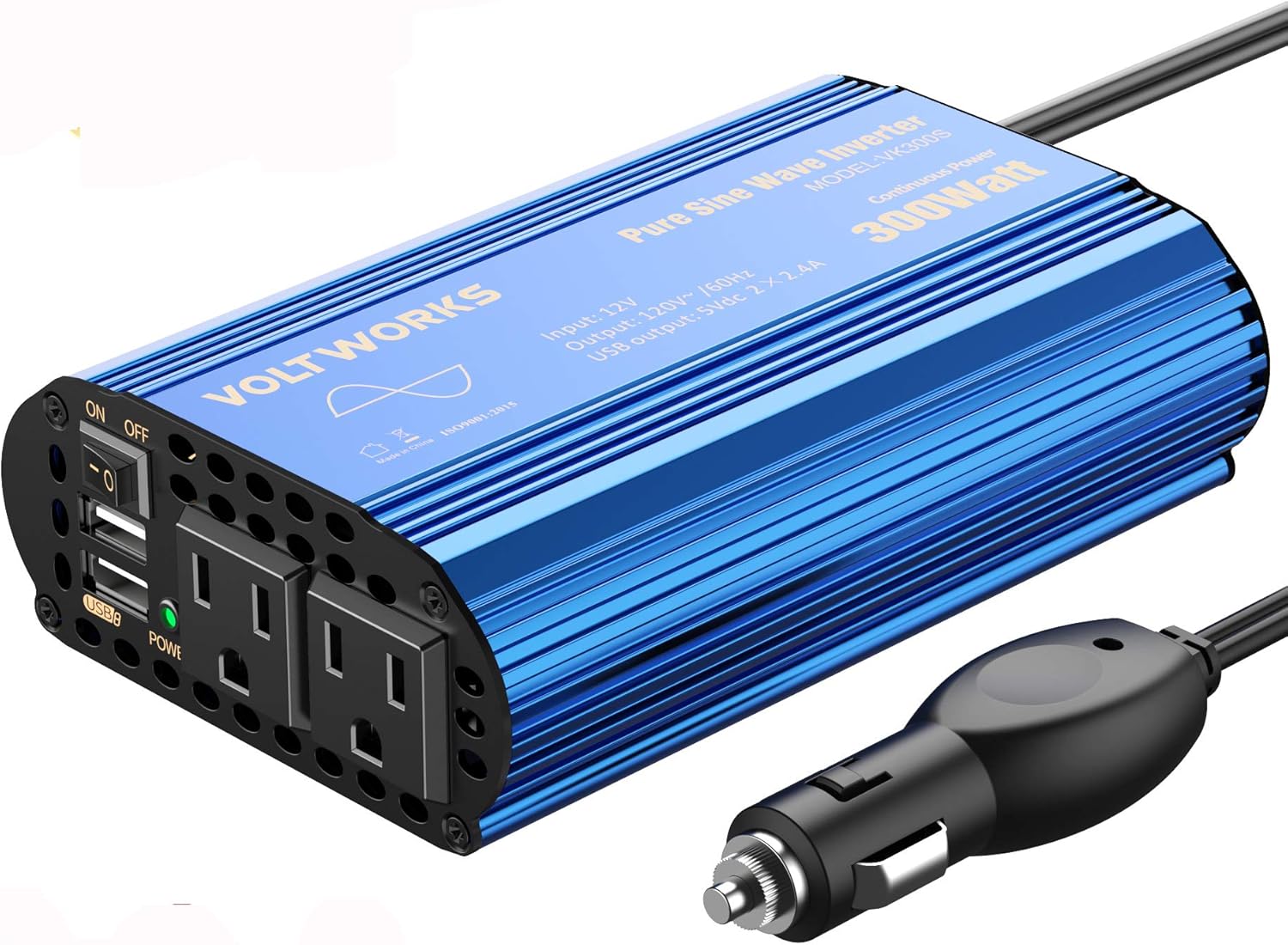 300W Pure Sine Wave Power Inverter for Car Truck RV Adapter DC 12V to AC 110V 120V with 2x2.4A Dual USB Port & AC Outlets by VOLTWORKS