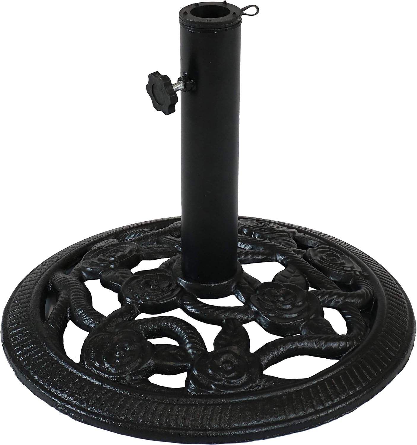 Sunnydaze Outdoor Patio Umbrella Base Stand - Cast Iron Heavy Duty Umbrella Base - Decorative Rose Blossom Design - Black - 16-Inch Diameter