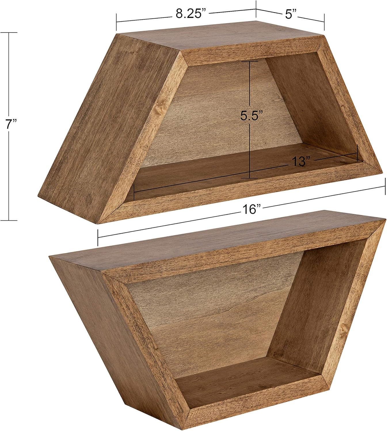 Kate and Laurel Camellia Geometric Wood Shelf Set, Set of 2, Rustic Brown, Modern Wooden Shelves for Wall Storage and Display Pack of 2