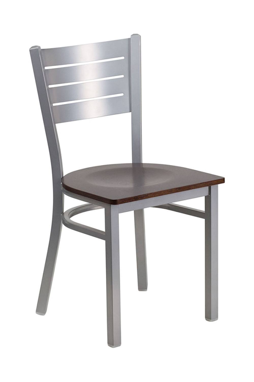 Offex Silver Slat Back Metal Restaurant Chair - Walnut Wood Seat