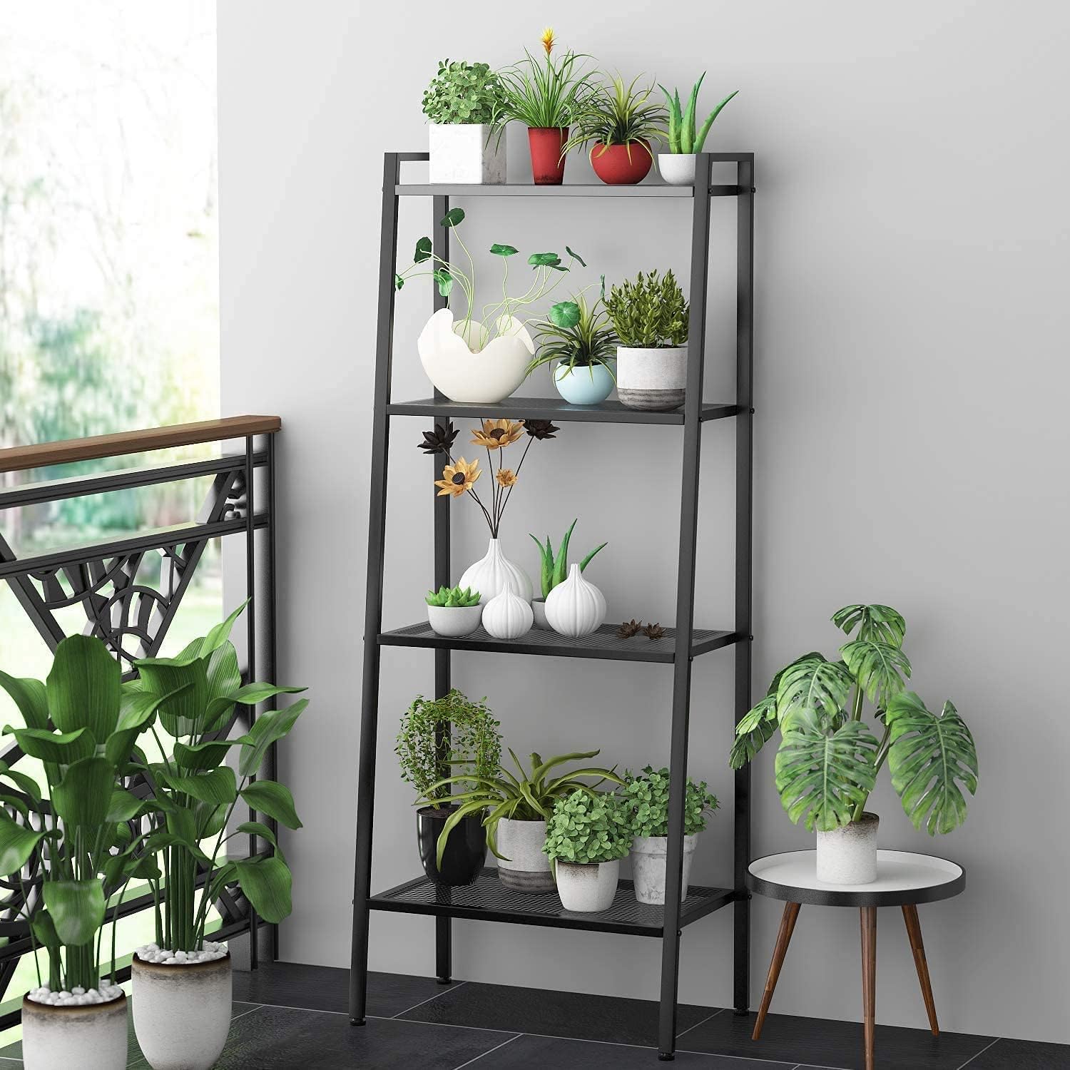 Huaa Ladder Shelf,Black Bookshelf 4 Tier Small Bookshelf,Ladder Shelf Bookcase,Tall Bookshelf,Leaning Bookshelf,Skinny Bookshelf, Bookshelf for Bedroom,Modern Bookshelf(Bookshelf Black)
