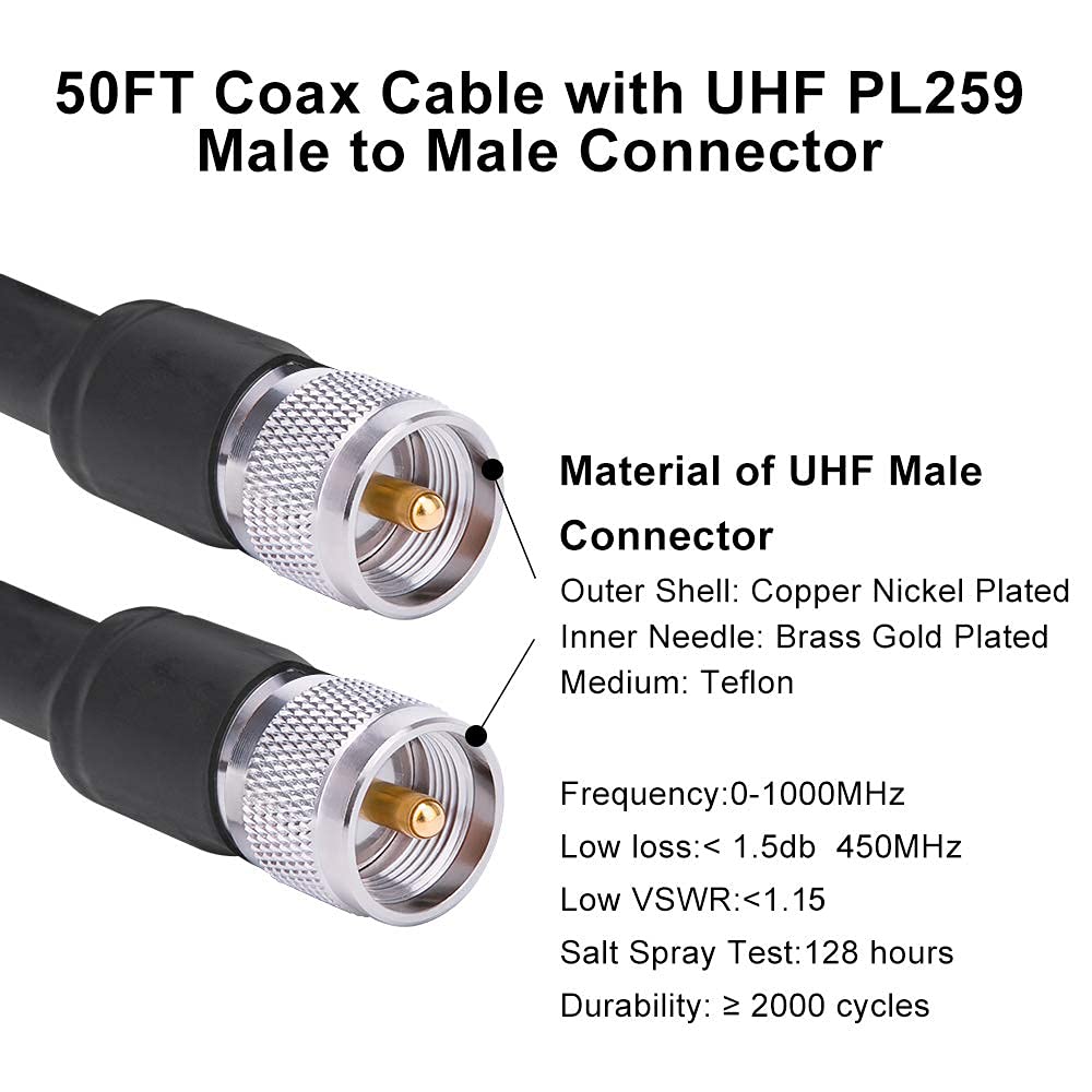 MOOKEERF PL259 CB Coax Cable 50ft, RG8 UHF Male PL-259 Cable 50 Ohm UHF Jumper Cable for CB Radio, VHF Radio, SWR Meter, Antenna Analyzer Pack of 2