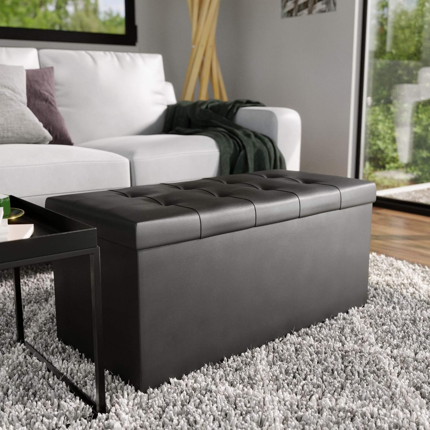 Edenbrook 30 Inch Rectangle Foldable Storage Ottoman with Buttonless Square Tufting-Foot Rest-Holds Up 330 lbs, Grey Pack of 2