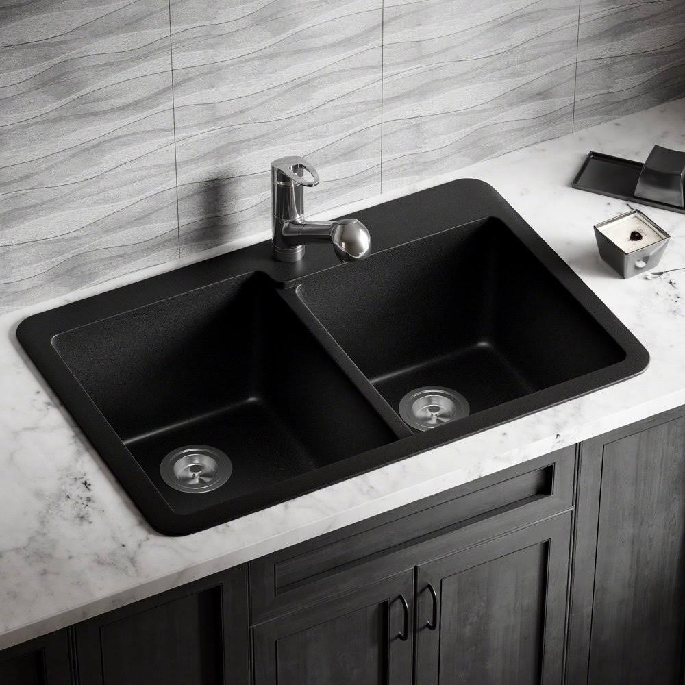 Mr Direct Black Quartz Granite 33 in. Double Bowl Drop-in Kitchen Sink with Strainers