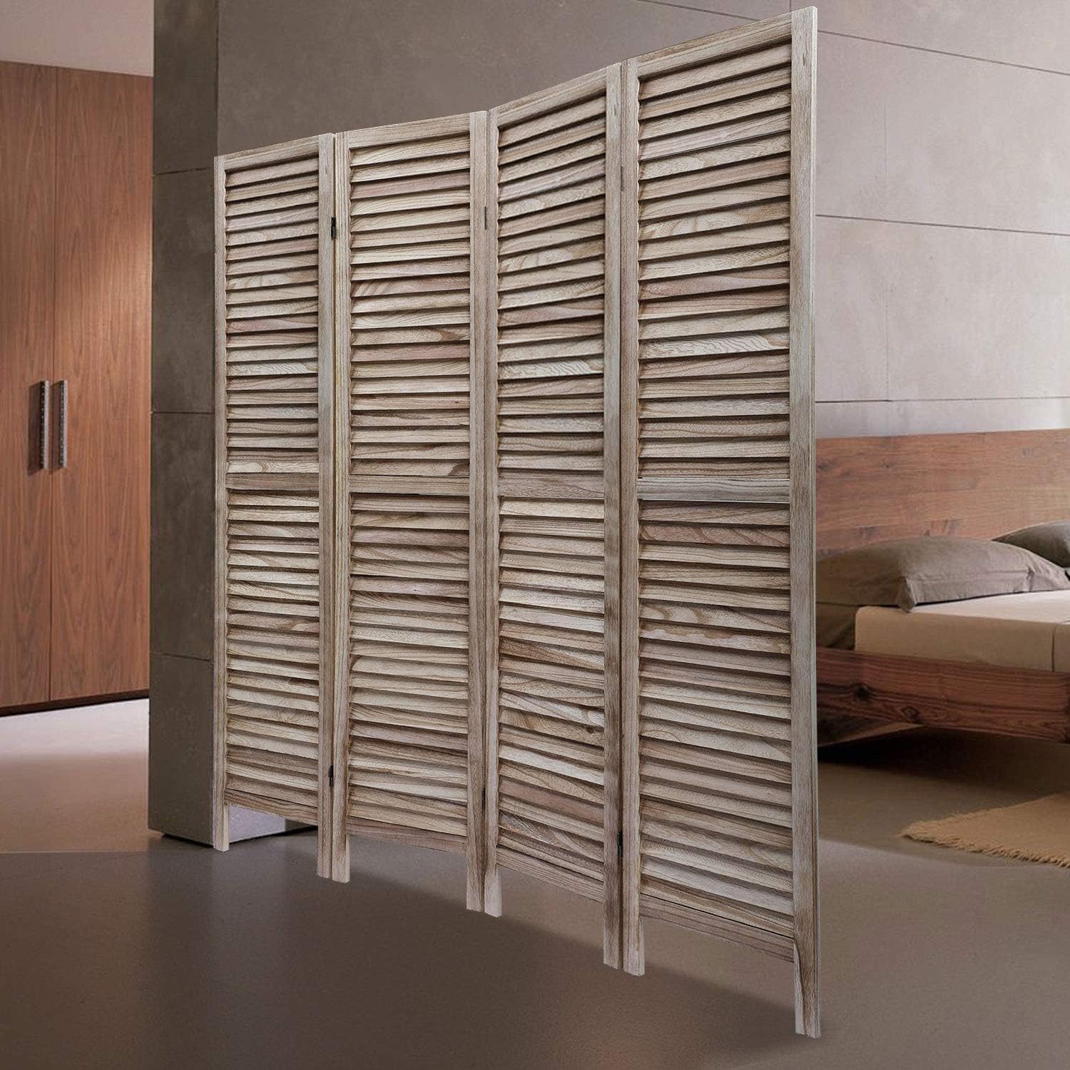 JAXSUNNY 4 Panel Wood Room Divider, Folding Privacy Room Screen Wall Dividers, Louvered Partition Room Divider-Define a Space, White Wash