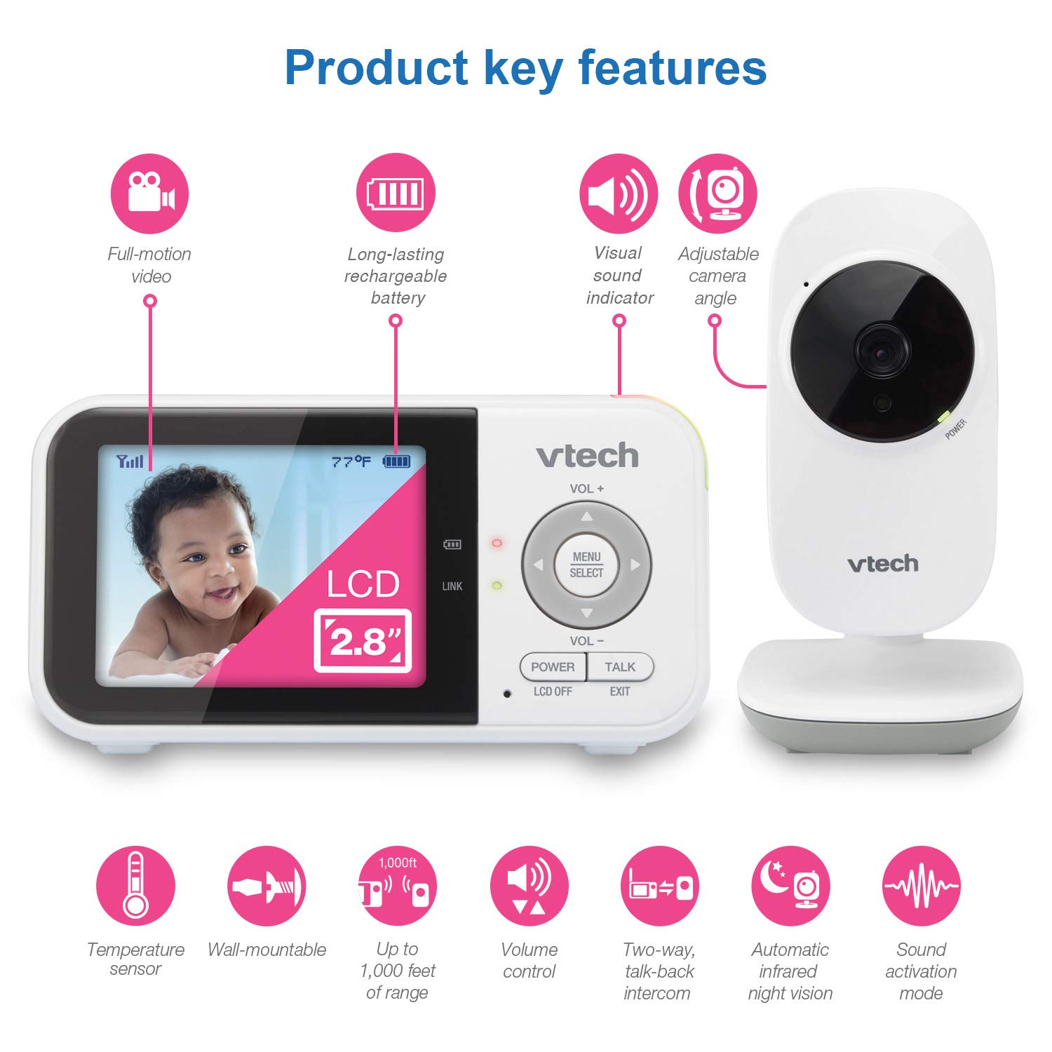 VTech VM819 Video Baby Monitor with 19Hour Battery Life 1000ft Long Range Auto Night Vision 2.8” Screen 2Way Audio Talk Temperature Sensor Power Saving Mode and Lullabies, White Pack of 2