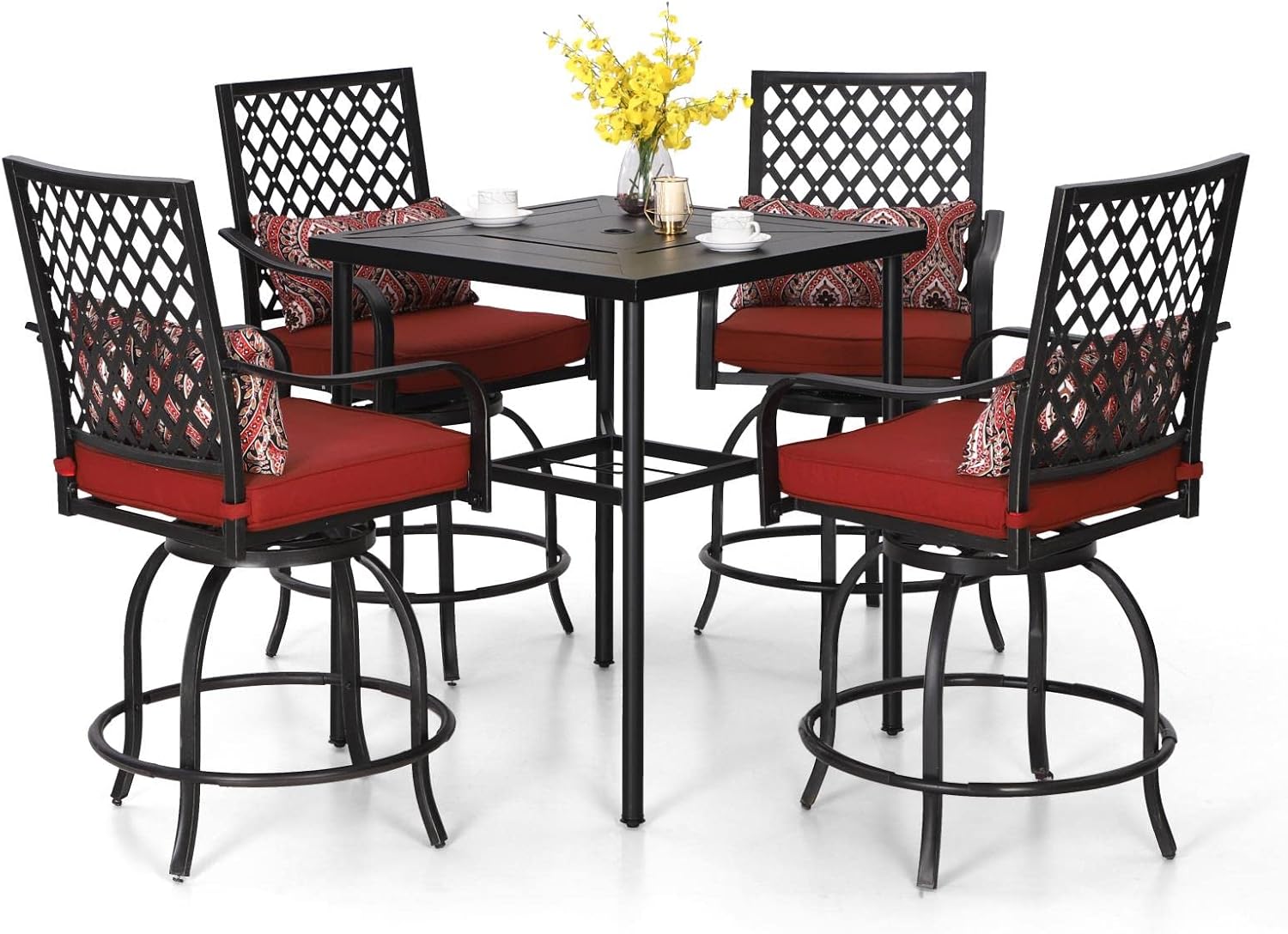 PHI VILLA 5 Piece Patio Bar Set, 4 Outdoor Swivel Bar Stools with Red Cushion and 32
