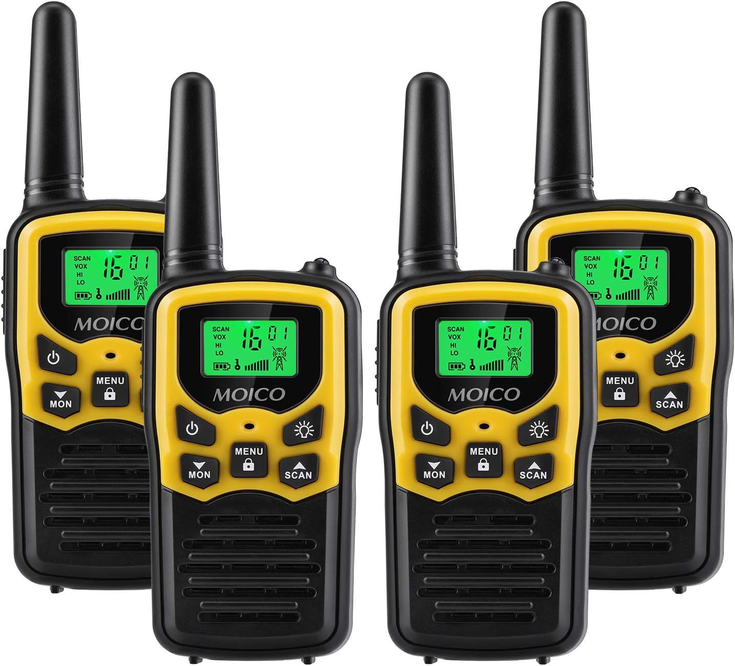 Walkie Talkies with 22 FRS Channels, MOICO Walkie Talkies for Adults with LED Flashlight VOX Scan LCD Display, Long Range Family Walkie Talkie for Hiking Camping Trip (Yellow, 4 Pack)