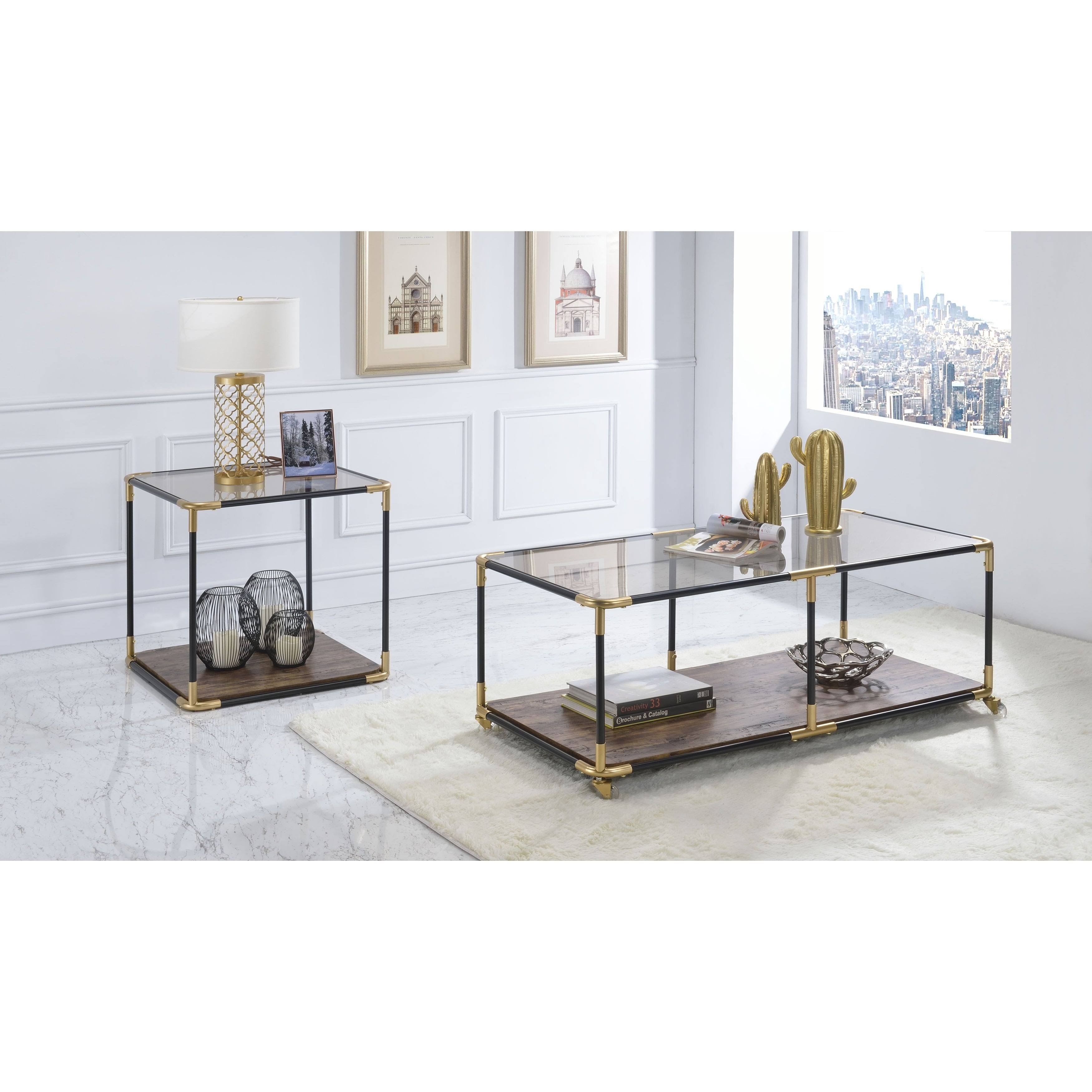 Acme Heleris End Table, Black/Gold u0026 Smoky Glass