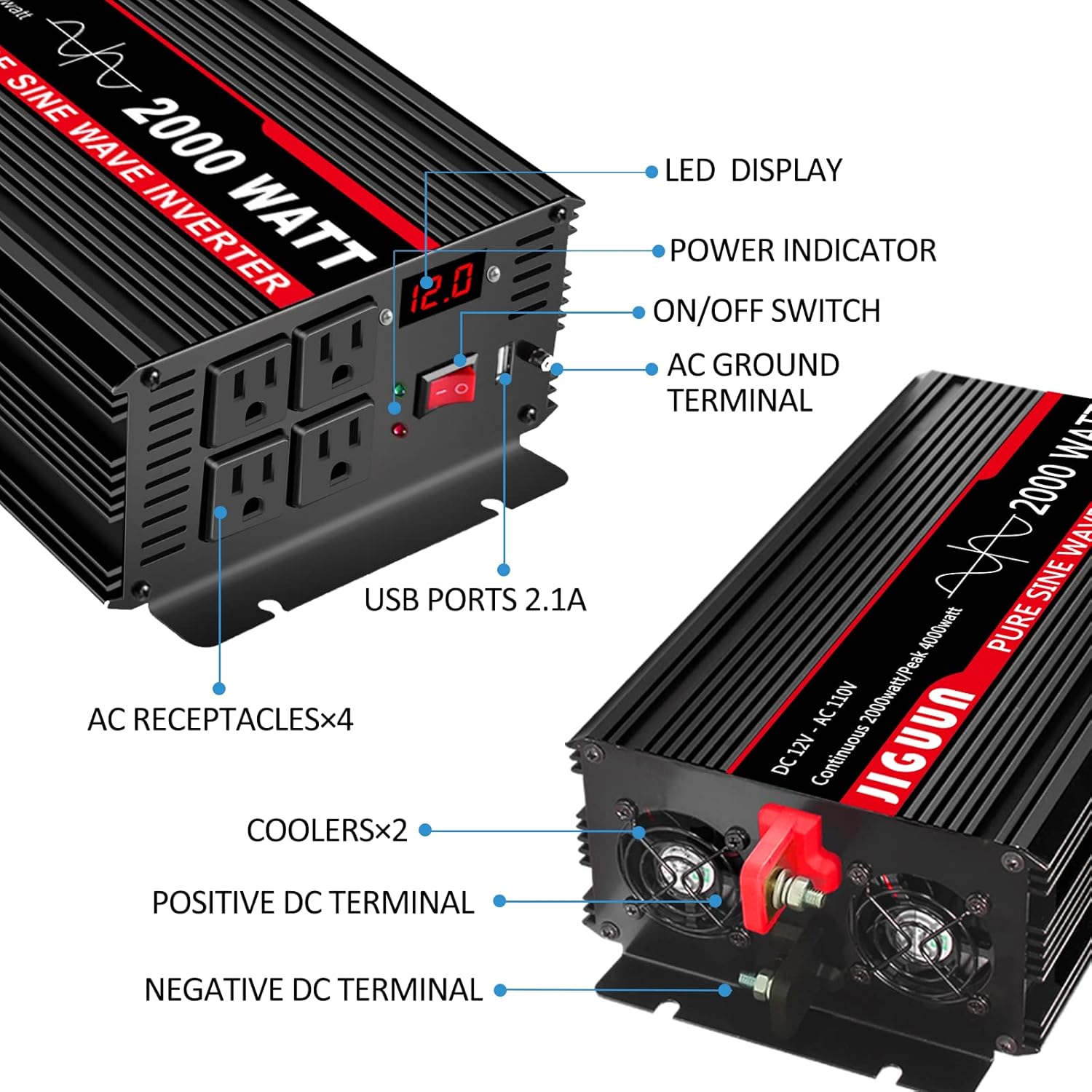JIGUUN 2000 Watt Pure Sine Wave Inverter, Power Converter 12V DC to 110V/120V AC, Car Inverter with 4 AC Outlets&USB Port 170ft Wireless Remote Control for RV CPAP Camping-Peak 4000 Watt(2000W-12V)