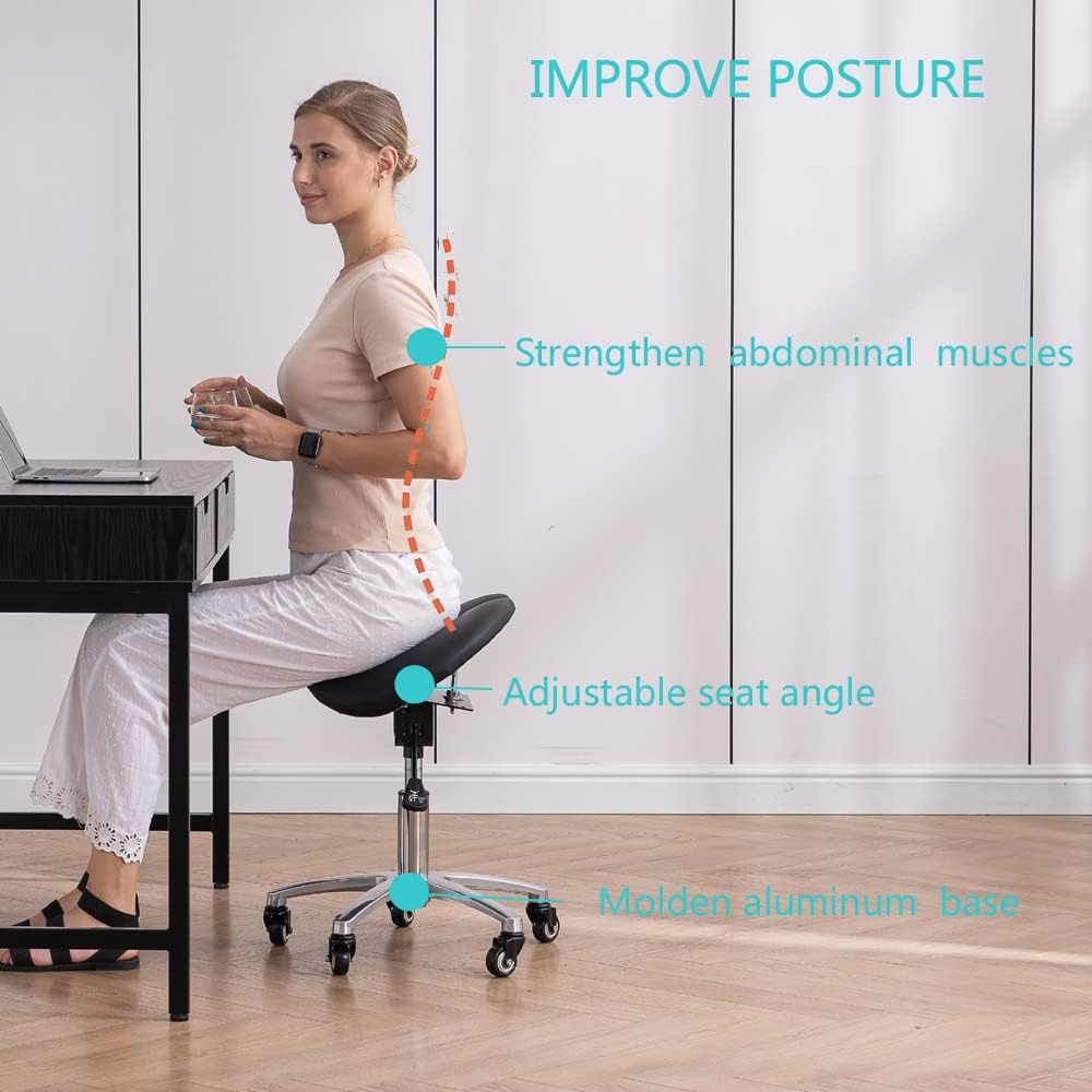 SITSEATSEE Saddle Stool Rolling Chair for Office,Salon & Spa Stools, Height and Angle Adjustable,Black