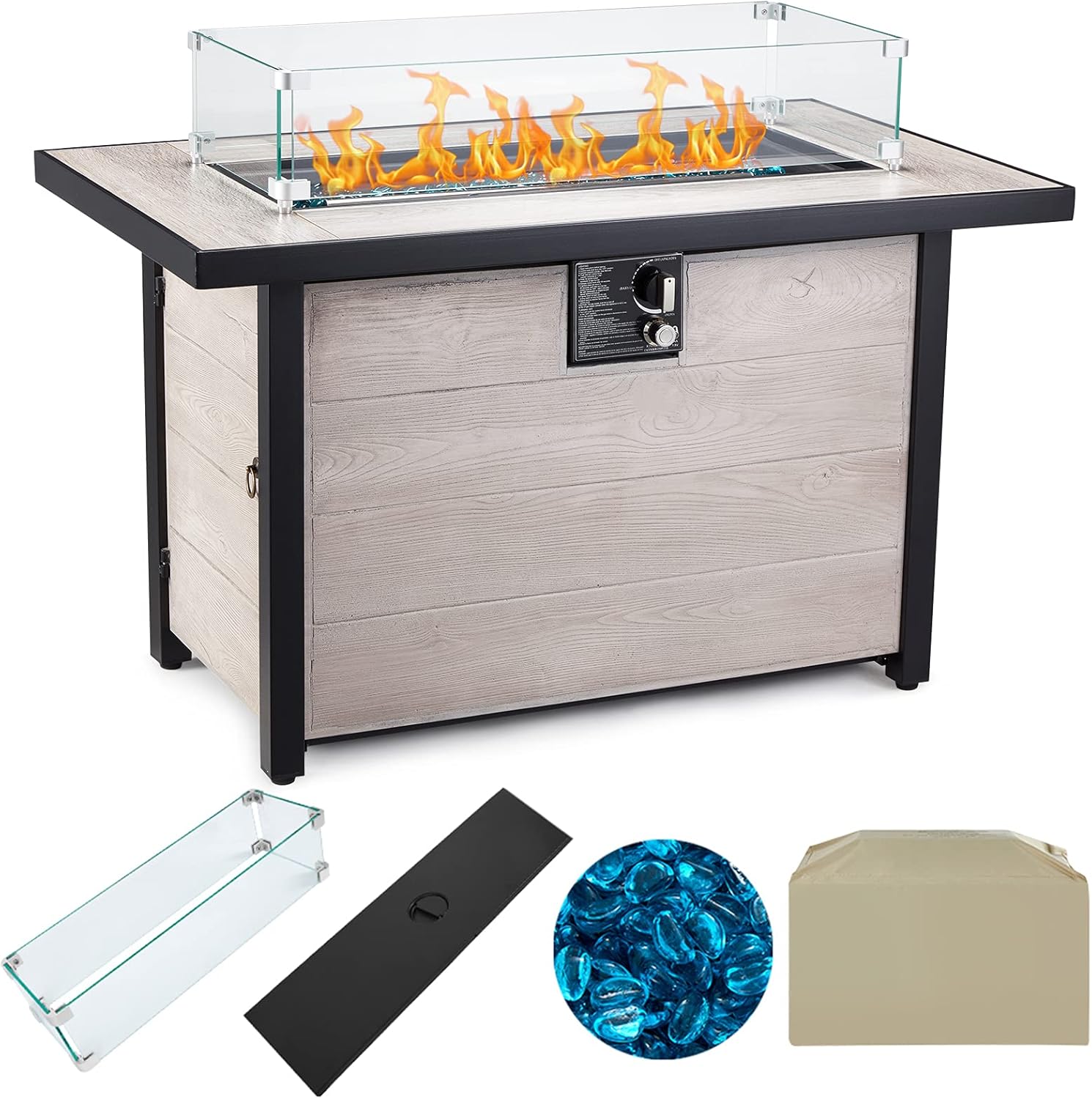 AVAWING Propane Fire Pit Table, 42 inch 50,000 BTU Rectangular Gas Fire Pit Table w/Glass Wind Guard, Table Lid, Fire Glass, Waterproof Cover, Outdoor Gas Fire Pit for Garden, Patio, Backyard, Black