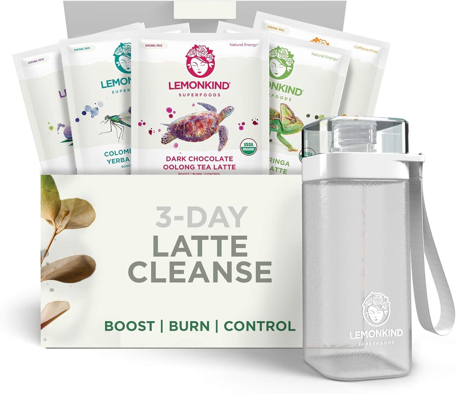 Organic 3 Day Fat-Burn Cleanse for Weight Loss Jumpstart & Detox – Plant-Based & Gluten-Free, 15 Vegan Lattes (Coffee, Chocolate, Vanilla, Maqui & Matcha) + Free Blender Bottle Pack of 2