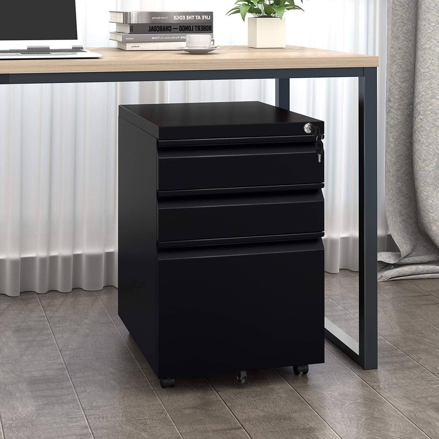 Superday 3-Drawer Locking Rolling Metal File Cabinet - Black
