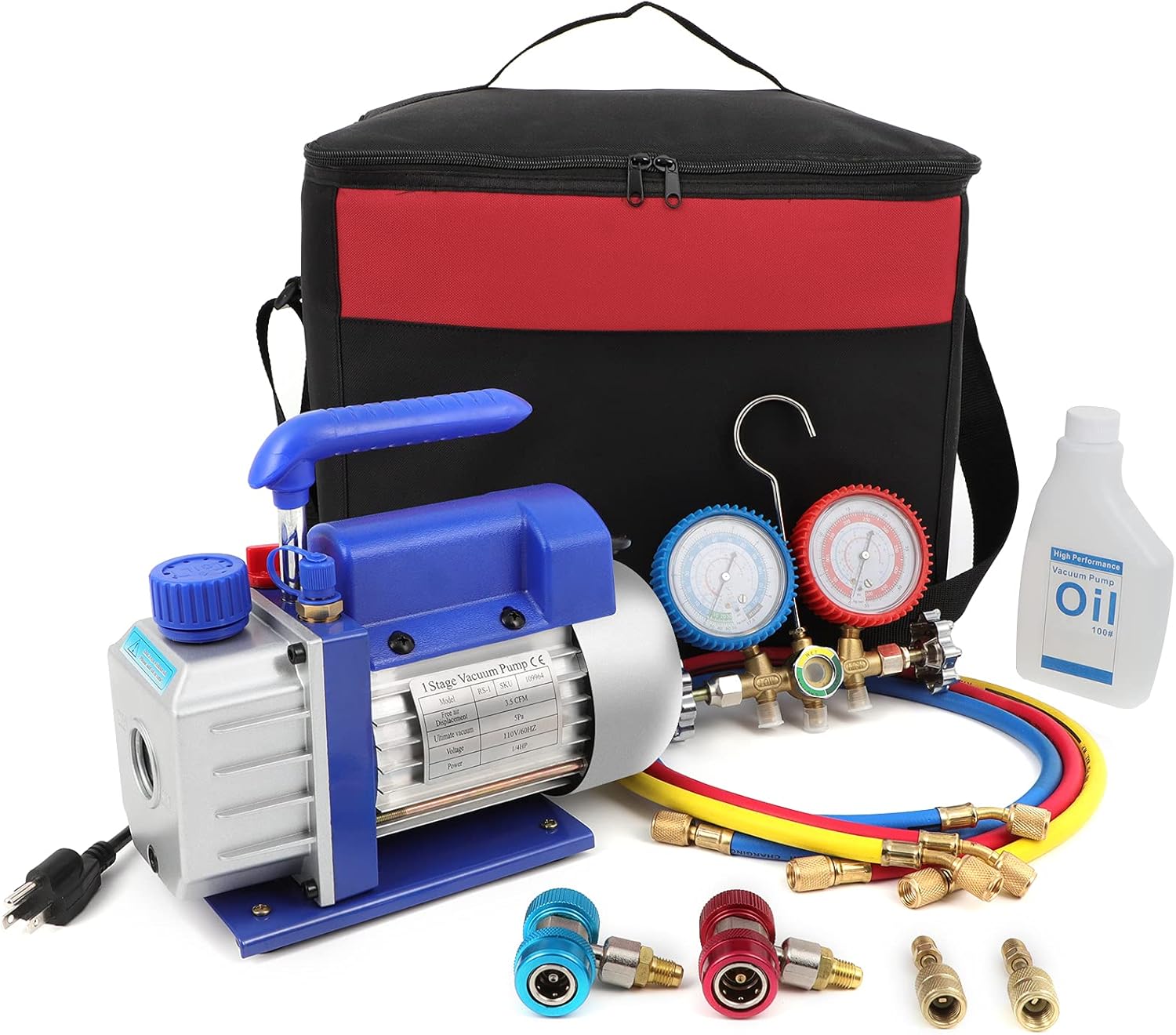 GYZJ 110V/60HZ 1/4 HP 3.5CFM Single Stage Rotary Vane Air Vacuum Pump and R134 Manifold Gauge Kit HVAC AC Repair Complete Tools