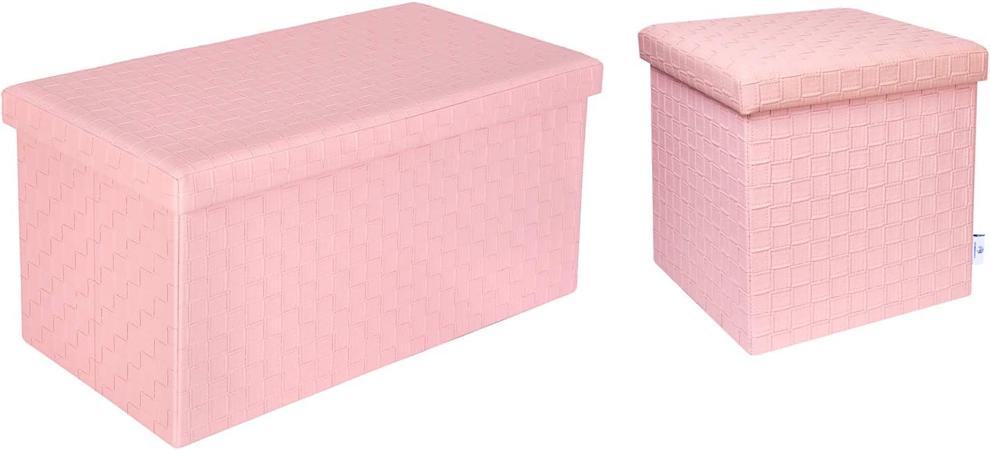 B FSOBEIIALEO Folding Storage Ottoman, Faux Leather Footrest Stool Long Bench, Pink Pack of 2