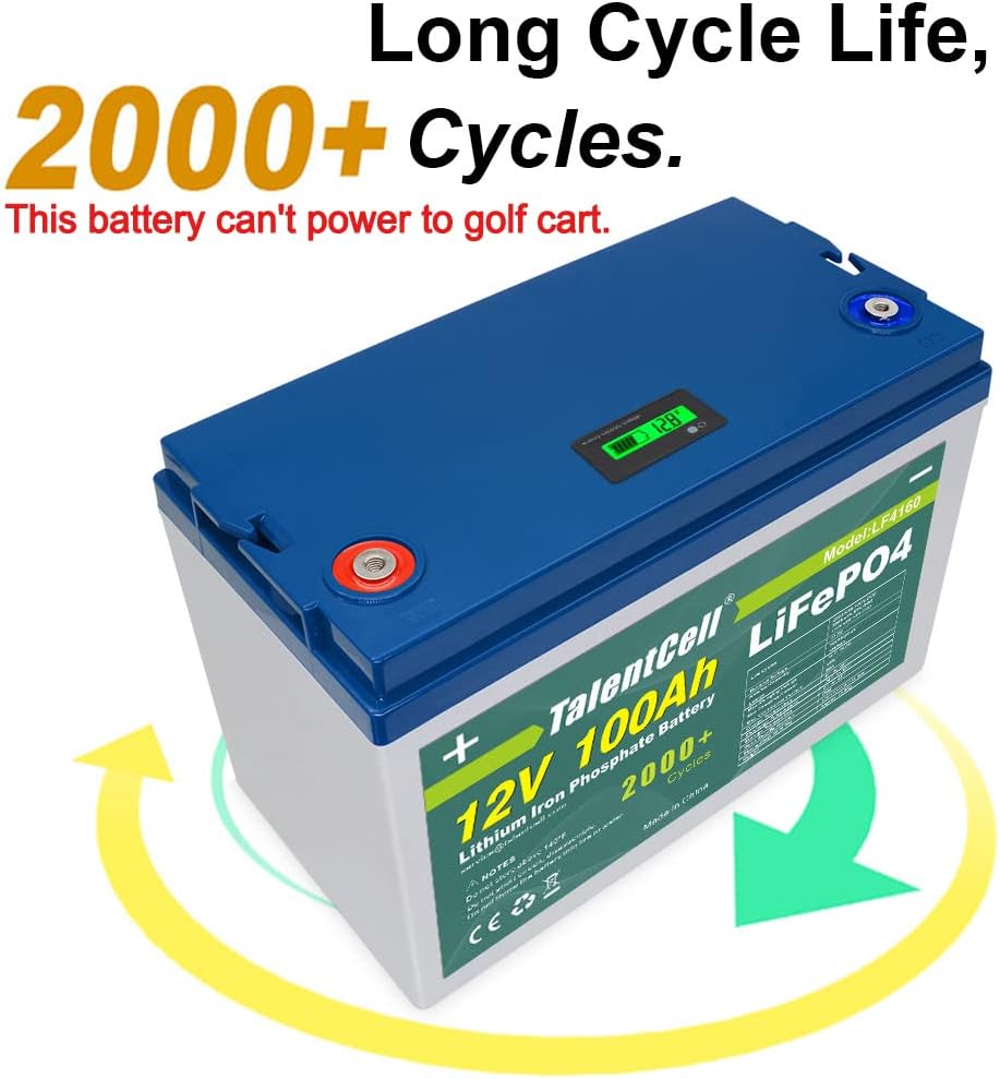 TalentCell Rechargeable 12V 100Ah Lithium Iron Phosphate (LiFePO4) Deep Cycle Battery Pack, Over 2000 Cycles, Built in Cell Balance Board BMS Charger Module