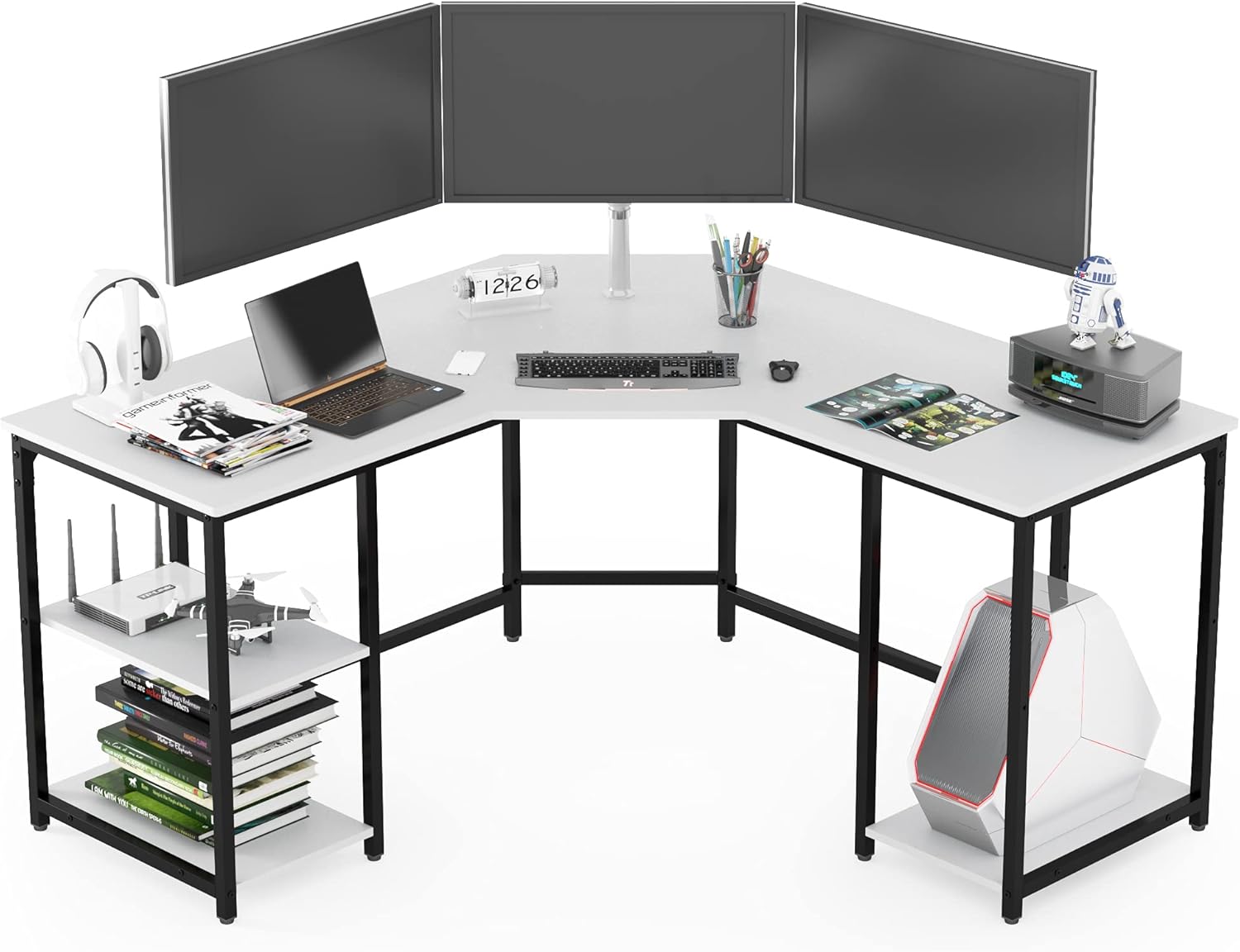 Earthsign L Shaped Home Office Desk with Four Shelves Storage, Spacious Corner Computer Desk for Working from Home, Workstation, Gaming, 56.96 Inch, with Wood Top (Cherry)